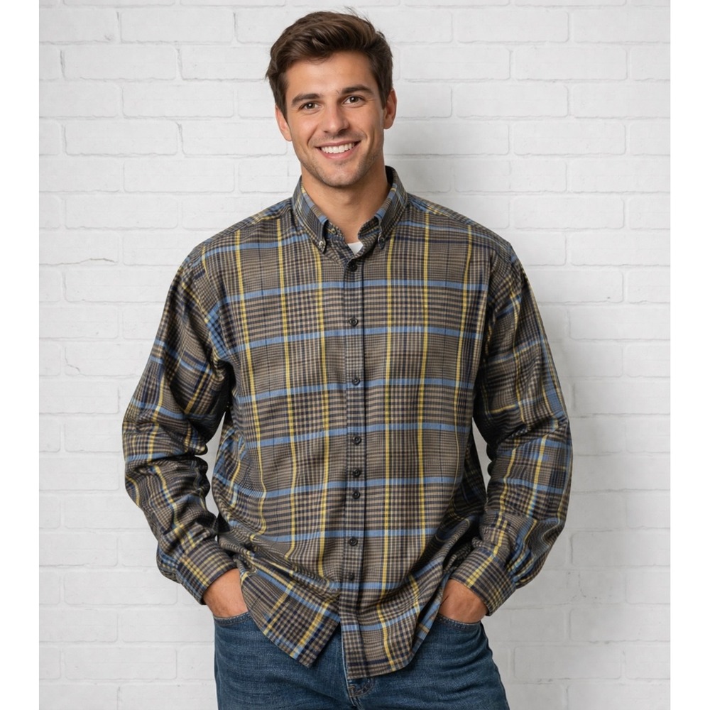 Hilfiger Men's XL Plaid Button Down Shirt Classic Fit Brown Blue Yellow